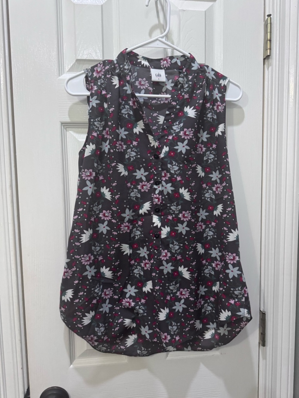 CAbi Charcoal Floral Sleeveless Blouse with Pink & Red Blooms